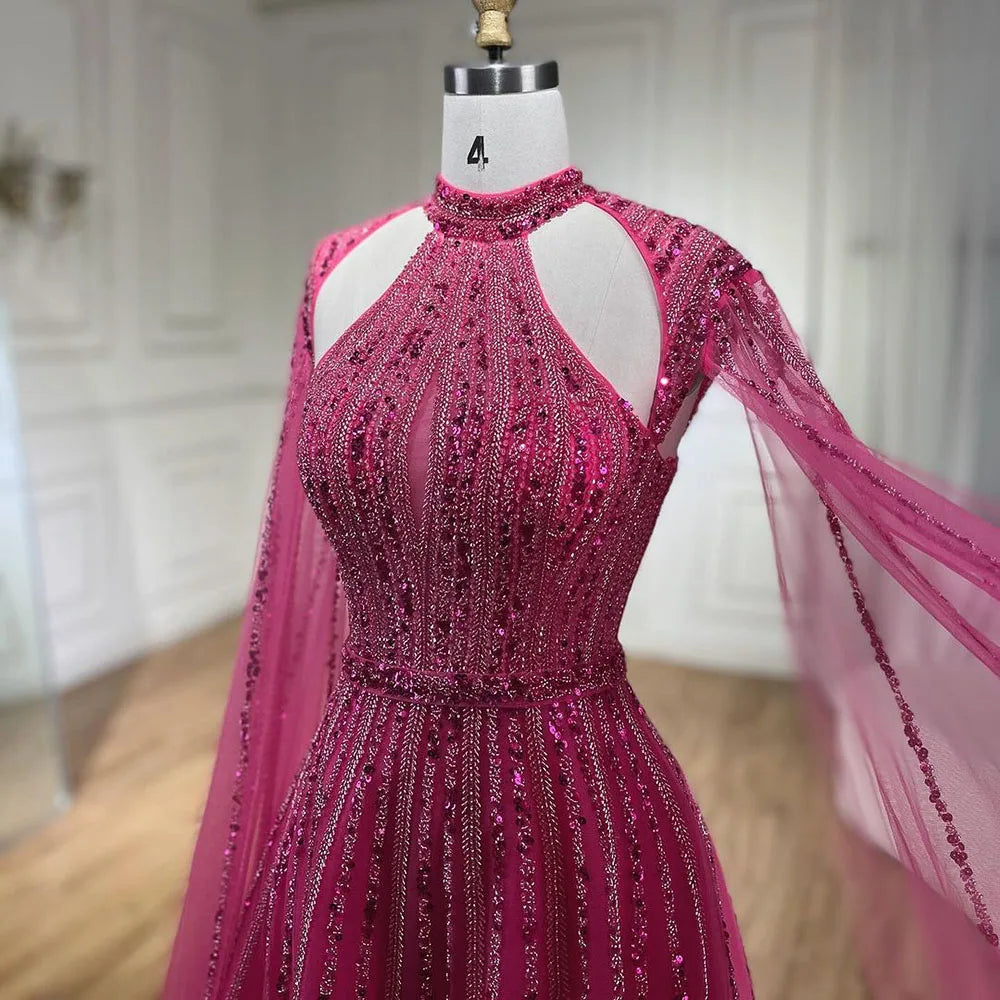 Vestidos de noche árabes fucsias con mangas abullonadas y cuentas de lujo para mujer, vestidos de fiesta de boda 2025 LA72306 