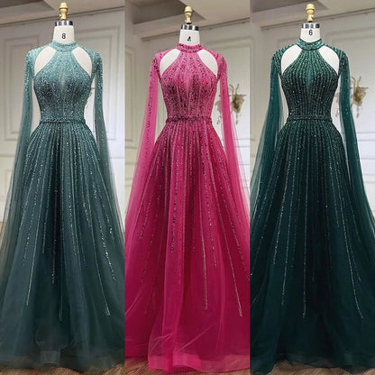 Vestidos de noche árabes fucsias con mangas abullonadas y cuentas de lujo para mujer, vestidos de fiesta de boda 2025 LA72306 