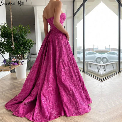 Elegante vestido de noche árabe fucsia 2025, lujoso vestido formal de Dubái, corte A, sin mangas, diseño largo LA70699 