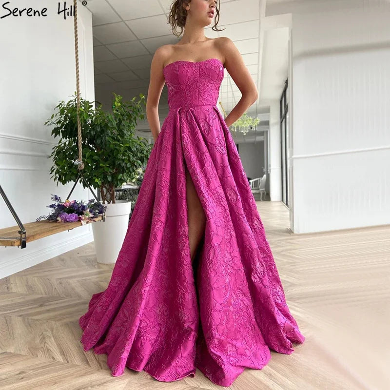 Arabic Fuchsia Elegant Evening Dresses 2025 Luxury Dubai A-Line Sleeveless Formal Dress Long Design LA70699