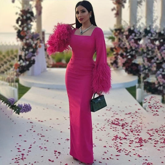 Arabisch Fuchsia Elegante Meerjungfrau Sexy Federn Abendkleider Kleider 2025 Für Frauen Hochzeit Party LA71987 