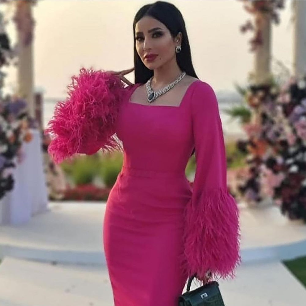 Arabisch Fuchsia Elegante Meerjungfrau Sexy Federn Abendkleider Kleider 2025 Für Frauen Hochzeit Party LA71987 
