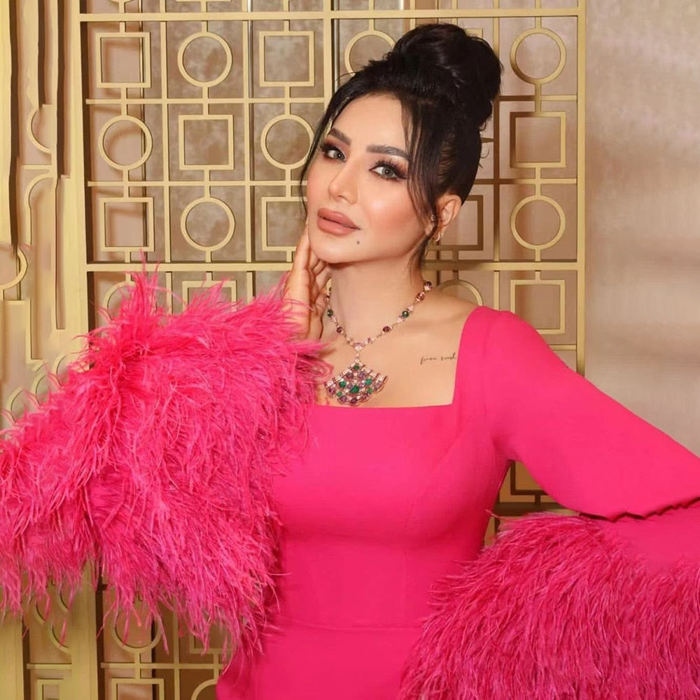 Vestidos de noche elegantes de sirena fucsia árabe con plumas sexys 2025 para mujer, fiesta de boda LA71987 