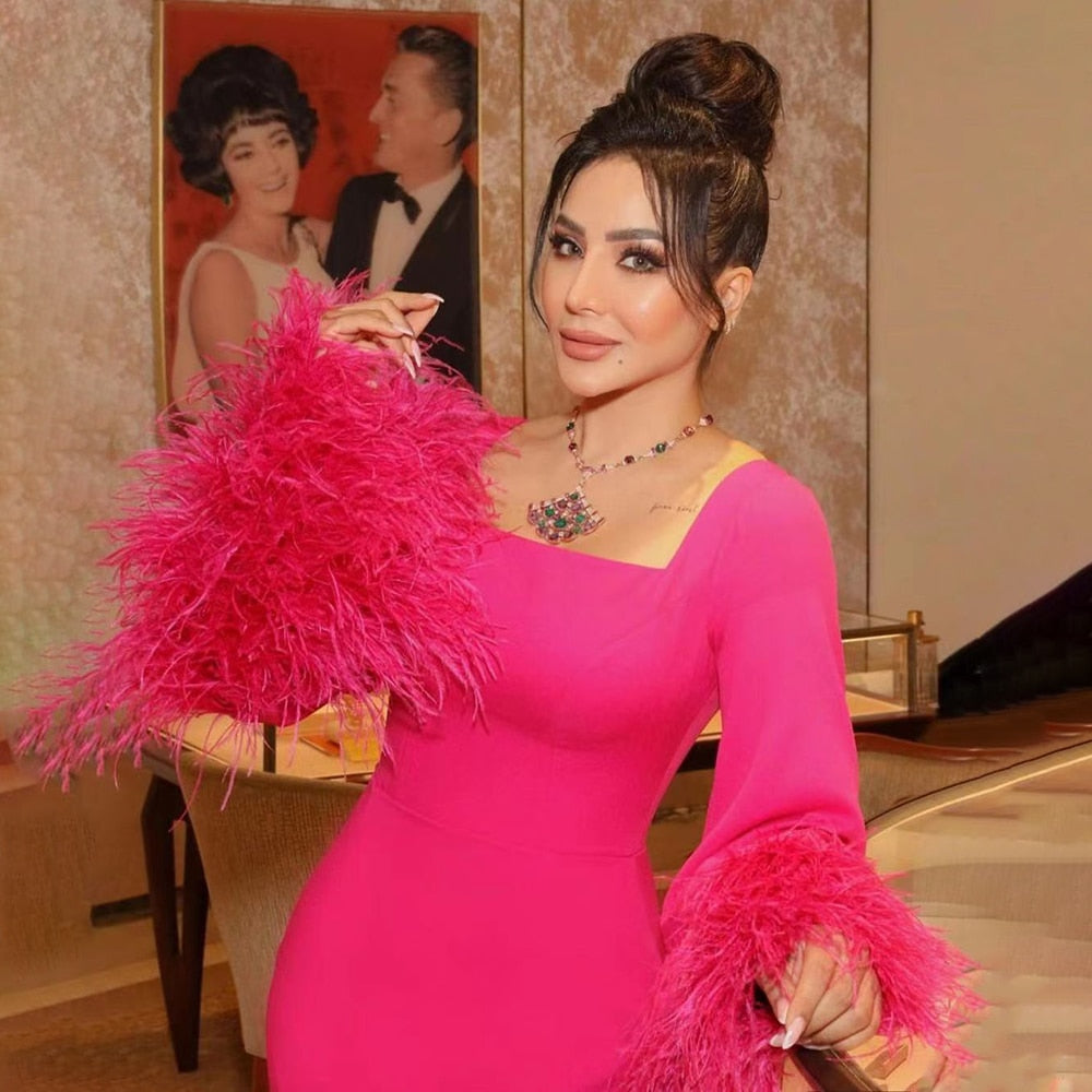 Vestidos de noche elegantes de sirena fucsia árabe con plumas sexys 2025 para mujer, fiesta de boda LA71987 
