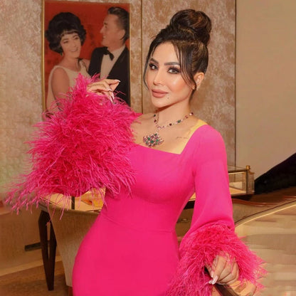 Vestidos de noche elegantes de sirena fucsia árabe con plumas sexys 2025 para mujer, fiesta de boda LA71987 