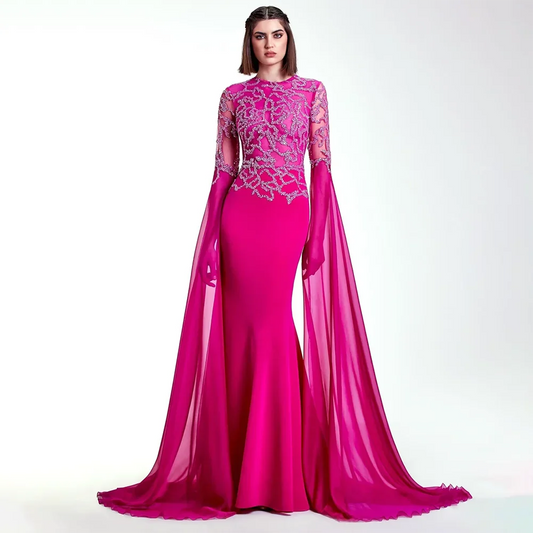 Arabisch Fuchsia Meerjungfrau Cape Ärmel Luxus Dubai Abendkleid Perlen Mit Handschuhen für Frauen Party 2025 LA72509 