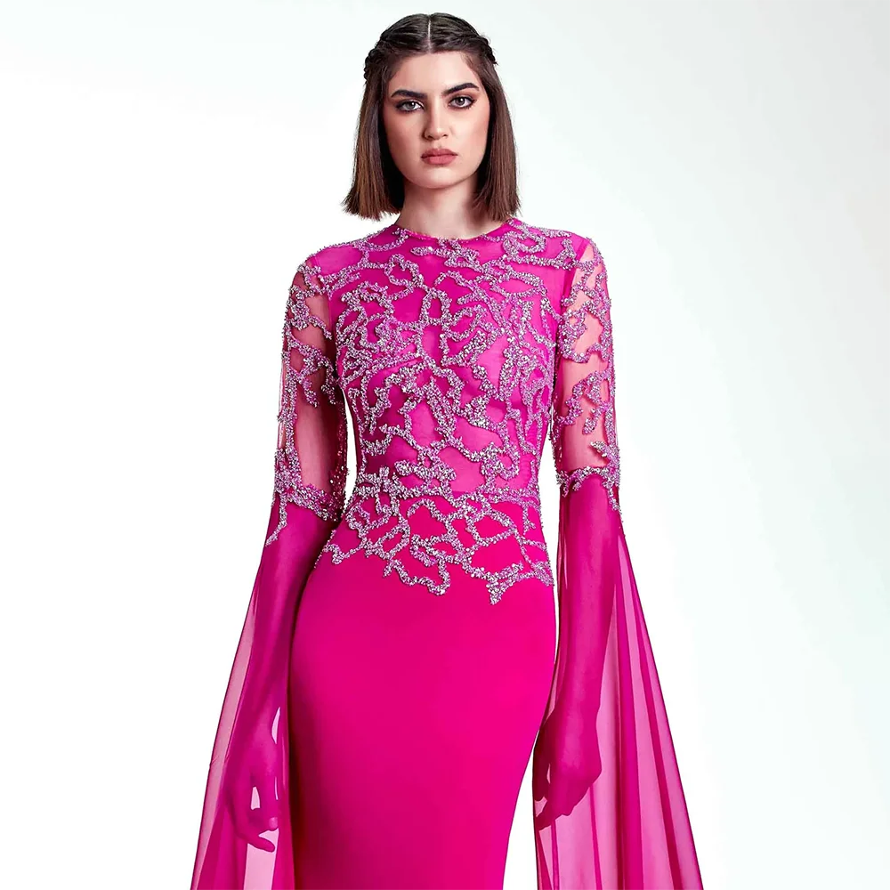 Vestido de noche de lujo estilo sirena fucsia árabe con mangas tipo capa, con cuentas y guantes, para mujer, para fiesta 2025 LA72509 