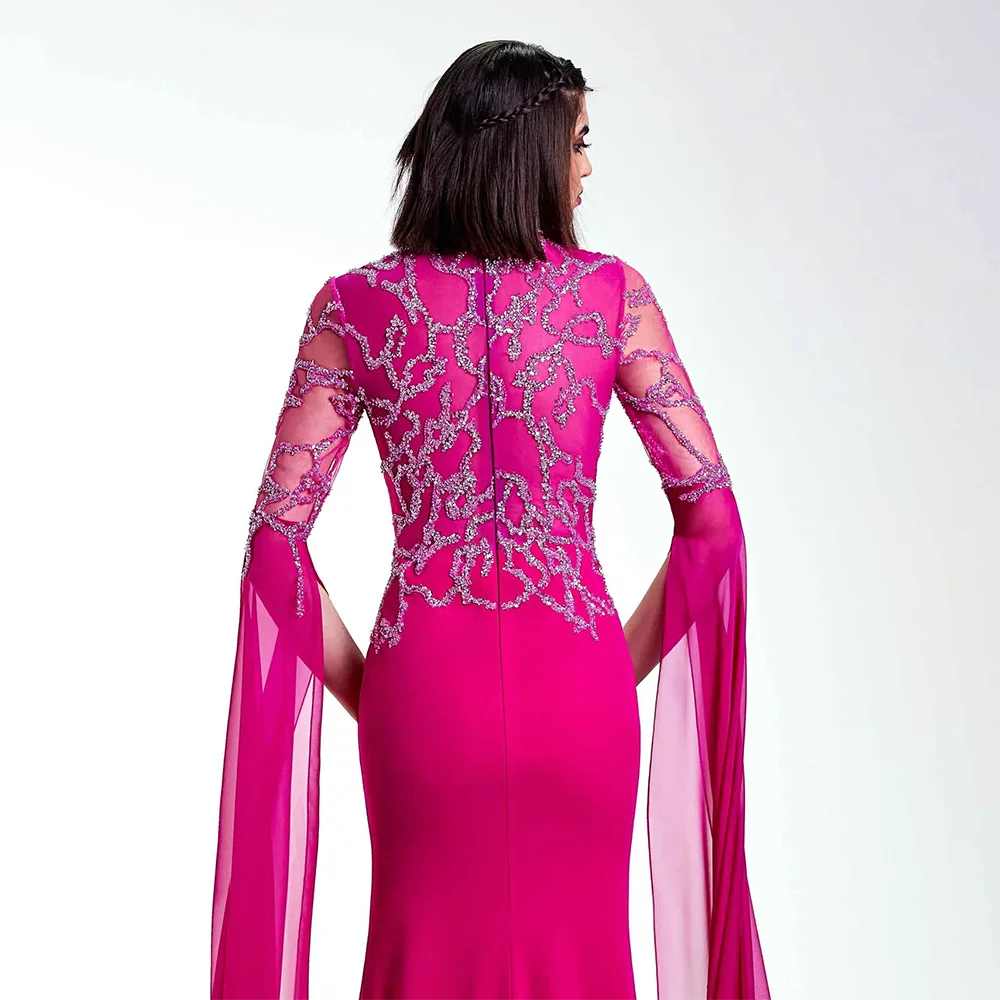Vestido de noche de lujo estilo sirena fucsia árabe con mangas tipo capa, con cuentas y guantes, para mujer, para fiesta 2025 LA72509 