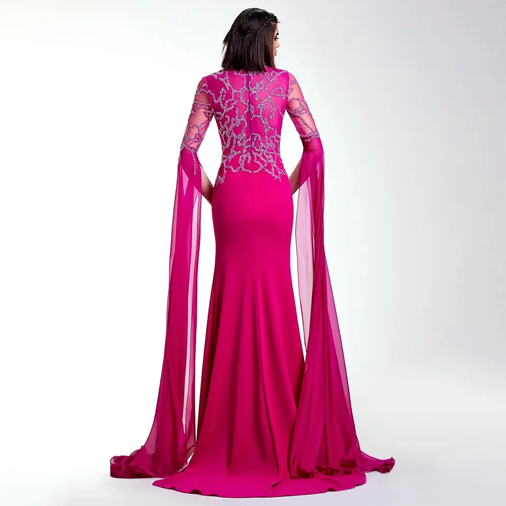 Vestido de noche de lujo estilo sirena fucsia árabe con mangas tipo capa, con cuentas y guantes, para mujer, para fiesta 2025 LA72509 