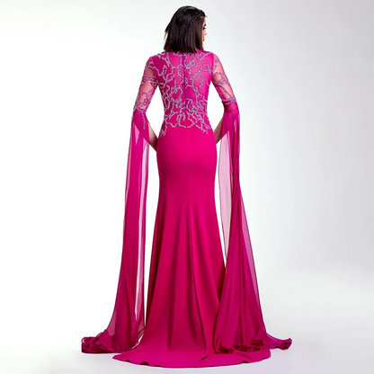 Vestido de noche de lujo estilo sirena fucsia árabe con mangas tipo capa, con cuentas y guantes, para mujer, para fiesta 2025 LA72509 