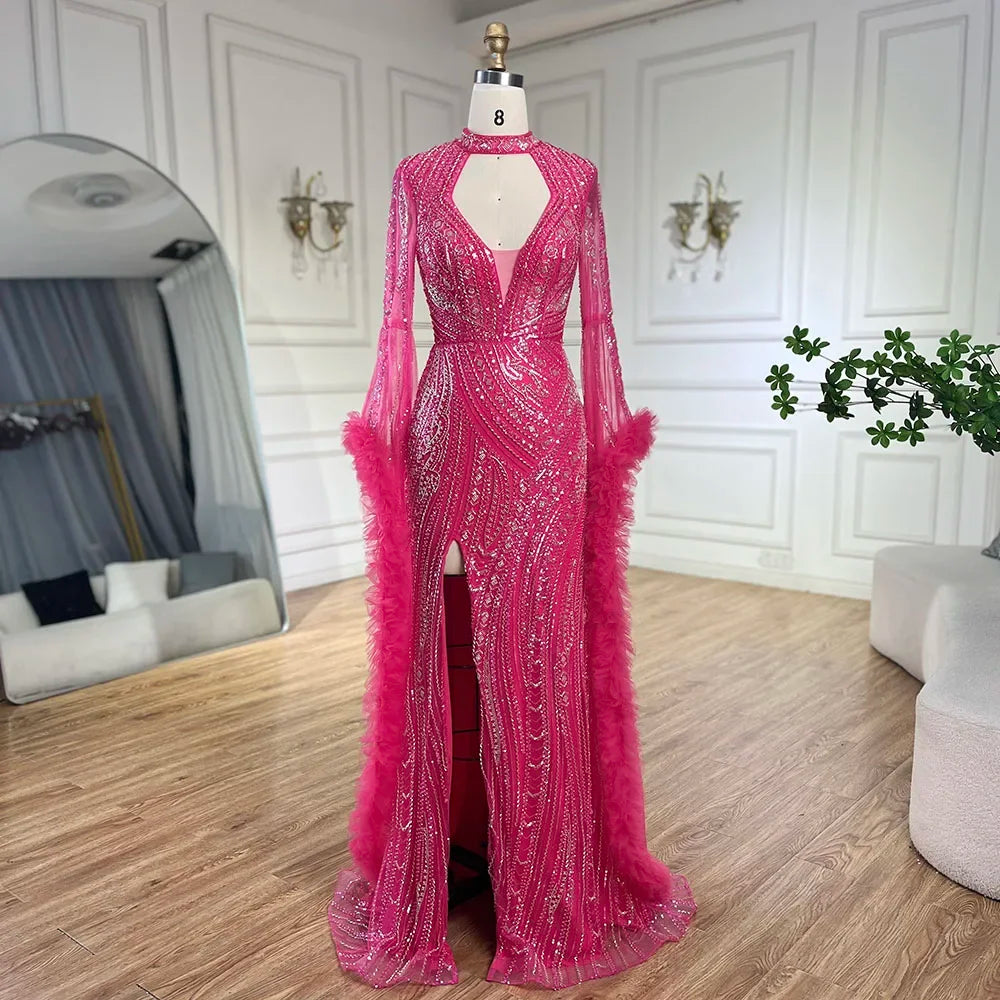 Vestido de sirena árabe fucsia con mangas acampanadas y plumas con cuentas | Vestidos de noche para mujer - Fiesta de bodas LA72597 
