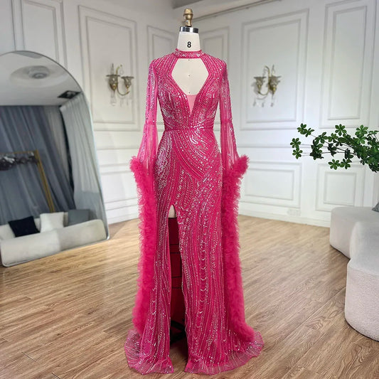 Arabisches Fuchsia-Meerjungfrauenkleid mit Glockenärmeln und Perlenfedern | Abendkleider für Damen - Hochzeitsfeier LA72597 