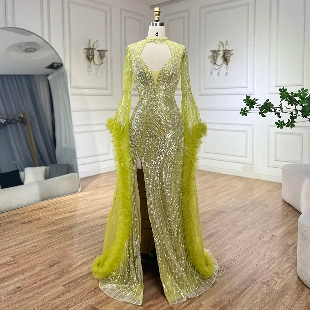 Vestido de sirena árabe fucsia con mangas acampanadas y plumas con cuentas | Vestidos de noche para mujer - Fiesta de bodas LA72597 