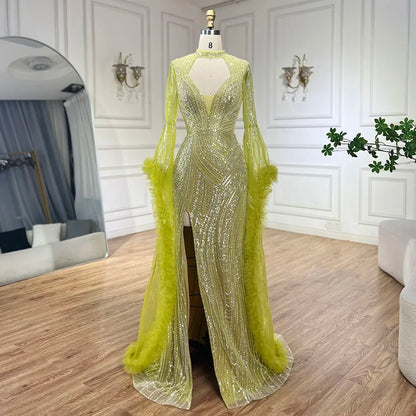 Vestido de sirena árabe fucsia con mangas acampanadas y plumas con cuentas | Vestidos de noche para mujer - Fiesta de bodas LA72597 