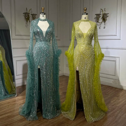 Vestido de sirena árabe fucsia con mangas acampanadas y plumas con cuentas | Vestidos de noche para mujer - Fiesta de bodas LA72597 