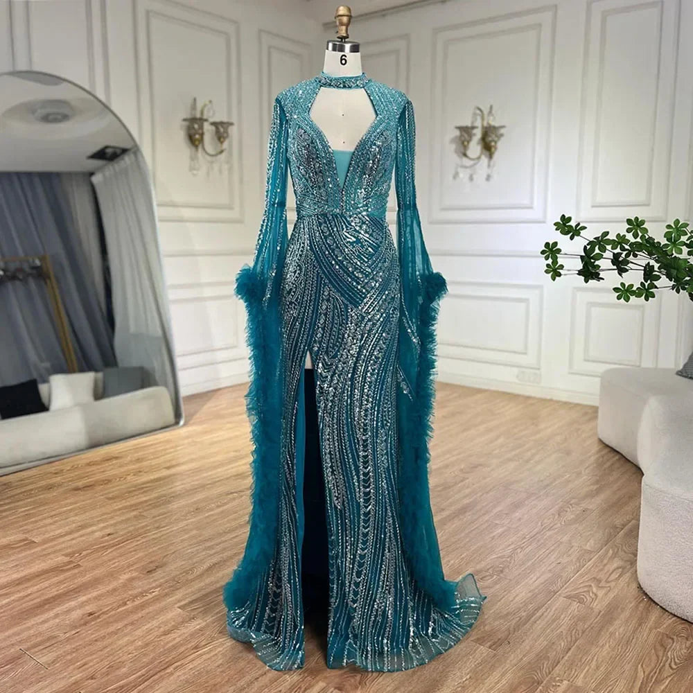 Vestido de sirena árabe fucsia con mangas acampanadas y plumas con cuentas | Vestidos de noche para mujer - Fiesta de bodas LA72597 