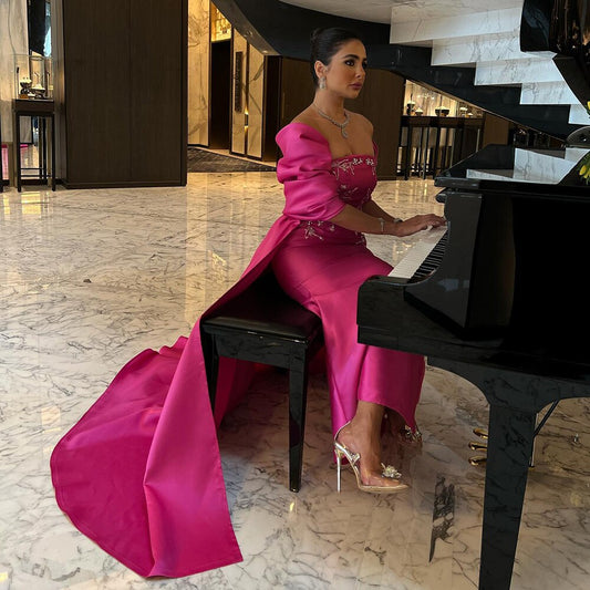 Arabisch Fuchsia Satin Meerjungfrau Trägerlos Mit Jacke Perlen Abendkleider Kleider 2025 Für Frauen Hochzeit Party LA71896 