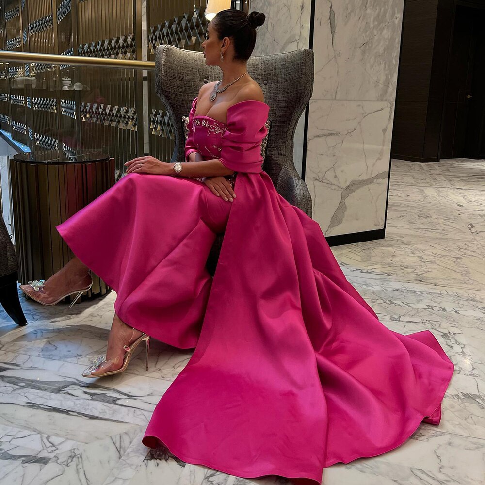 Vestido de noche árabe fucsia de satén con escote sirena, sin tirantes y chaqueta con cuentas, para mujer, boda, fiesta, LA71896 
