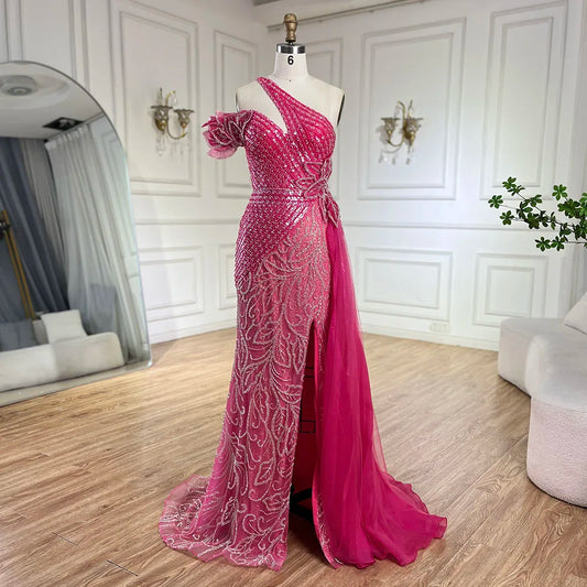 Arabisches Fuchsia One-Shoulder-Tüll-Überrock Meerjungfrau-Abendkleid mit Perlen für Damen | Hochzeitsfeier 2025 LA72599 
