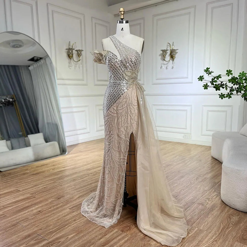 Arabisches Fuchsia One-Shoulder-Tüll-Überrock Meerjungfrau-Abendkleid mit Perlen für Damen | Hochzeitsfeier 2025 LA72599 