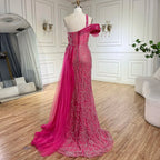 Arabic Fuchsia One-Shoulder Tulle Overskirt Mermaid Beaded Evening Gown for Women | Wedding Party 2025 LA72599