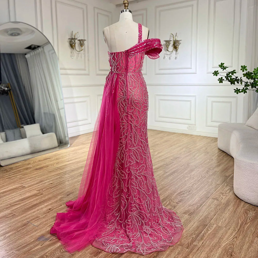 Arabisches Fuchsia One-Shoulder-Tüll-Überrock Meerjungfrau-Abendkleid mit Perlen für Damen | Hochzeitsfeier 2025 LA72599 