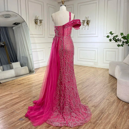 Arabisches Fuchsia One-Shoulder-Tüll-Überrock Meerjungfrau-Abendkleid mit Perlen für Damen | Hochzeitsfeier 2025 LA72599 