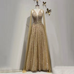 Arabisch Gold A-linie Cape-Ärmel Perlen Luxus Dubai Lange Abendkleider Kleider 2025 Für Frauen Hochzeit Party LA71941 