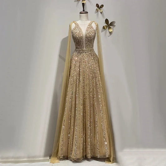 Arabisch Gold A-linie Cape-Ärmel Perlen Luxus Dubai Lange Abendkleider Kleider 2025 Für Frauen Hochzeit Party LA71941 