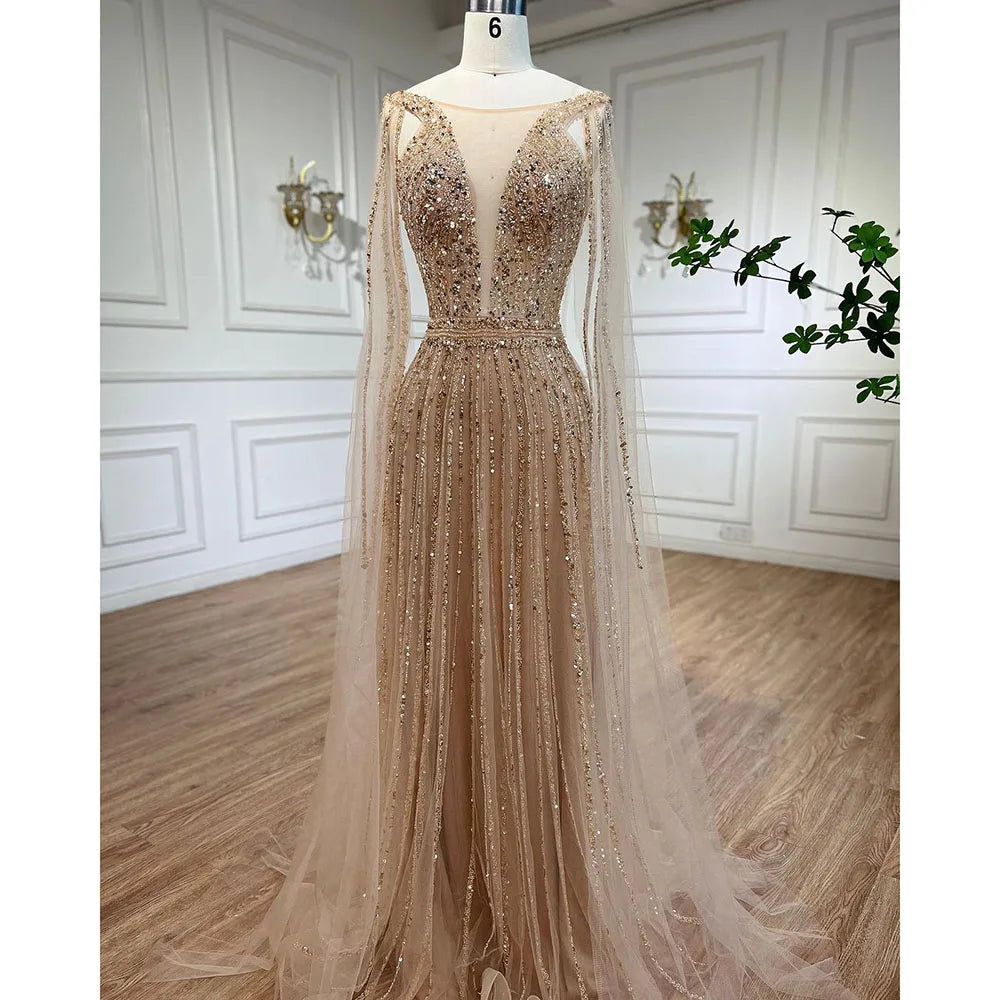 Arabisch Gold A-linie Cape-Ärmel Perlen Luxus Dubai Lange Abendkleider Kleider 2025 Für Frauen Hochzeit Party LA71941 