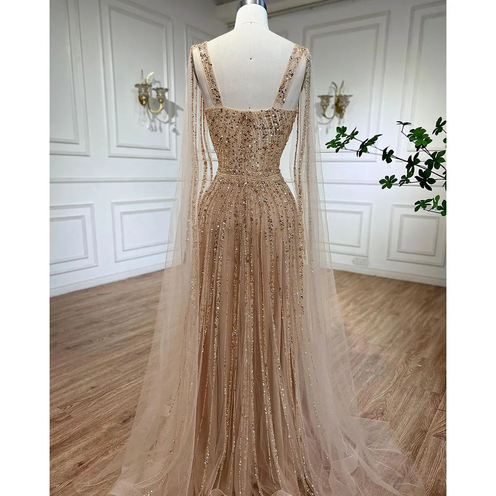 Arabisch Gold A-linie Cape-Ärmel Perlen Luxus Dubai Lange Abendkleider Kleider 2025 Für Frauen Hochzeit Party LA71941 