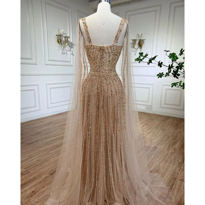 Vestidos de noche largos de lujo estilo Dubái, con mangas acampanadas y corte A en dorado árabe, para mujer, para fiesta de bodas, LA71941 