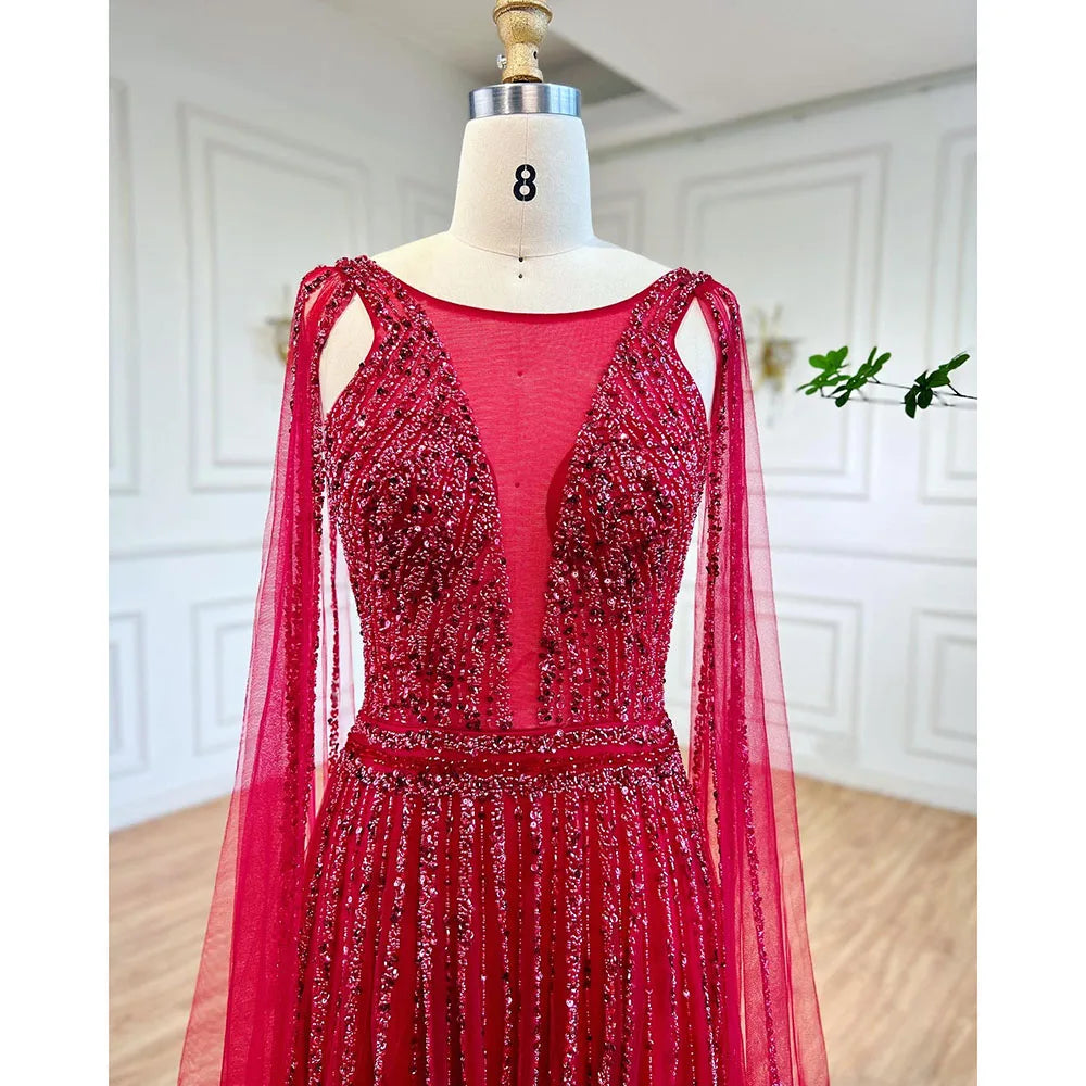 Arabisch Gold A-linie Cape-Ärmel Perlen Luxus Dubai Lange Abendkleider Kleider 2025 Für Frauen Hochzeit Party LA71941 