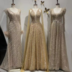 Arabisch Gold A-linie Cape-Ärmel Perlen Luxus Dubai Lange Abendkleider Kleider 2025 Für Frauen Hochzeit Party LA71941 