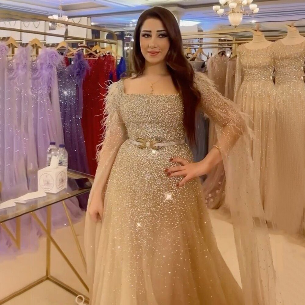 Arabic Gold A Line Sexy Feathers Cape Sleeves Beaded Luxury Evening Dresses Gowns For Women Party 2025 LA71782