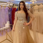 Arabic Gold A Line Sexy Feathers Cape Sleeves Beaded Luxury Evening Dresses Gowns For Women Party 2025 LA71782