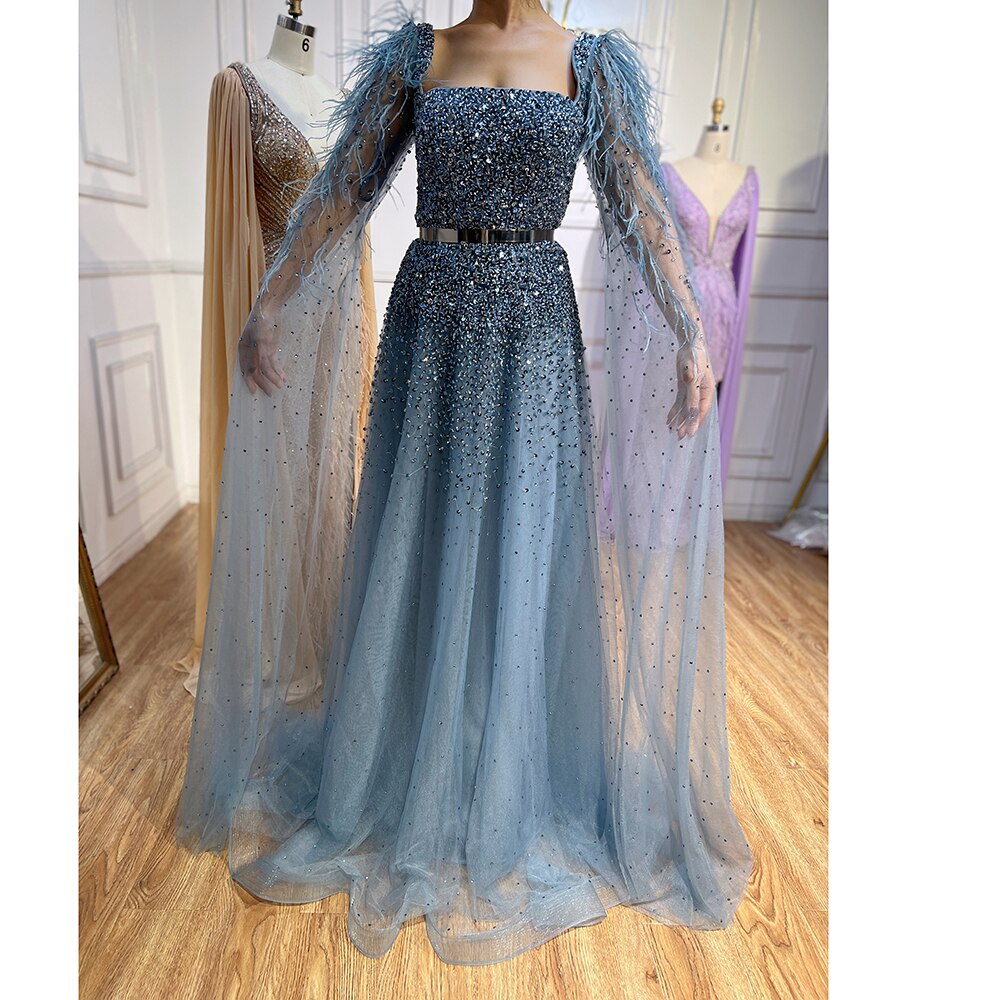 Arabic Gold A Line Sexy Feathers Cape Sleeves Beaded Luxury Evening Dresses Gowns For Women Party 2025 LA71782