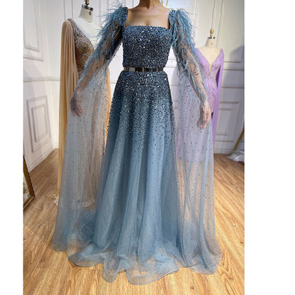 Vestidos de noche de lujo con cuentas, corte A, plumas, mangas capa, estilo árabe dorado, para mujer, fiesta 2025, LA71782 