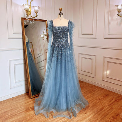 Vestidos de noche de lujo con cuentas, corte A, plumas, mangas capa, estilo árabe dorado, para mujer, fiesta 2025, LA71782 
