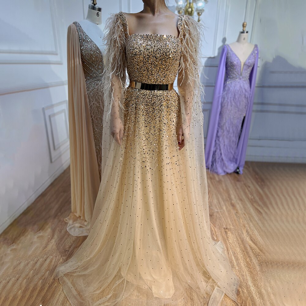 Arabic Gold A Line Sexy Feathers Cape Sleeves Beaded Luxury Evening Dresses Gowns For Women Party 2025 LA71782