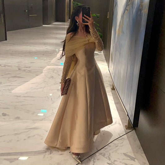 Arabisch Gold Satin A-linie Perlen Kristall Luxus Dubai Abendkleider Kleider 2025 Für Frauen Hochzeit Party LA71954 