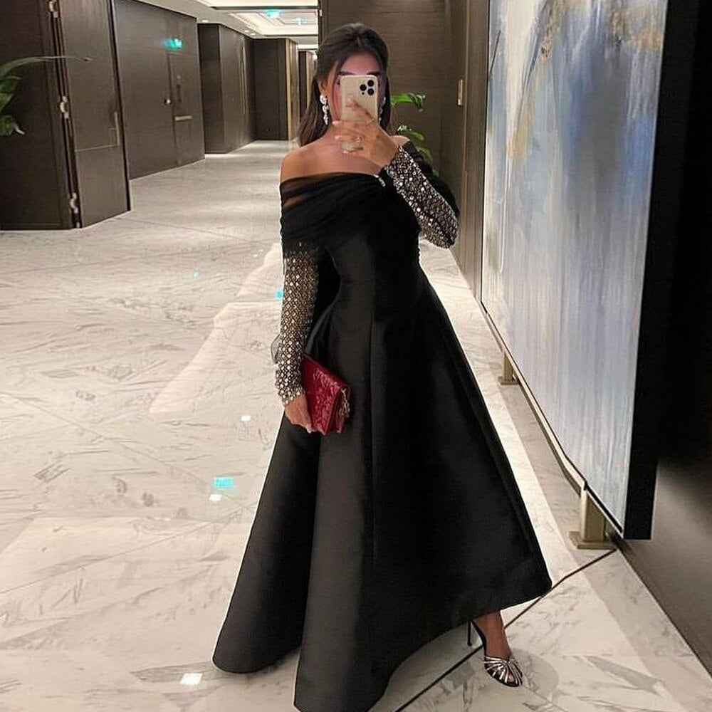 Arabisch Gold Satin A-linie Perlen Kristall Luxus Dubai Abendkleider Kleider 2025 Für Frauen Hochzeit Party LA71954 