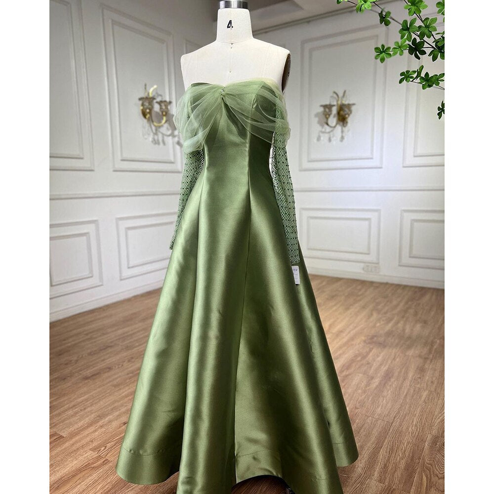 Arabisch Gold Satin A-linie Perlen Kristall Luxus Dubai Abendkleider Kleider 2025 Für Frauen Hochzeit Party LA71954 