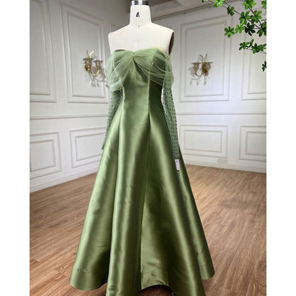 Vestidos de noche de lujo de Dubái, de satén dorado árabe, corte A, con cuentas y cristales, para mujer, para fiesta de bodas, LA71954 