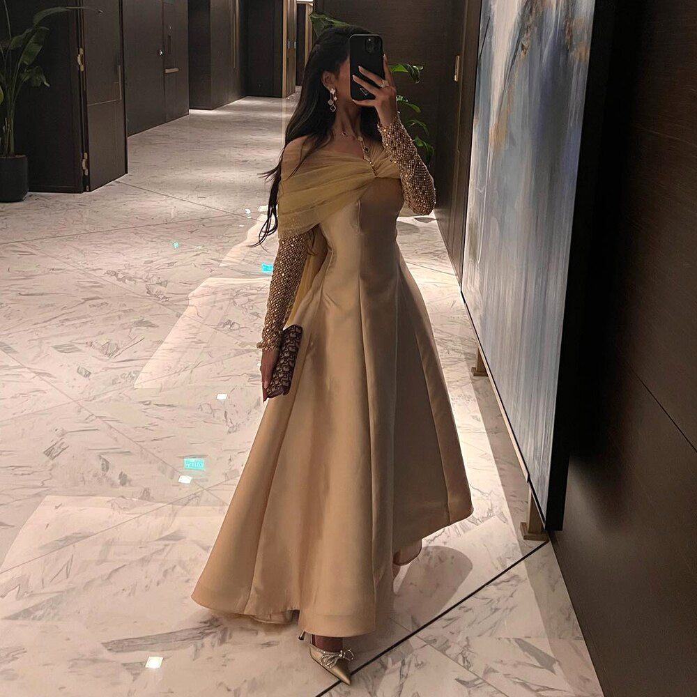 Arabisch Gold Satin A-linie Perlen Kristall Luxus Dubai Abendkleider Kleider 2025 Für Frauen Hochzeit Party LA71954 