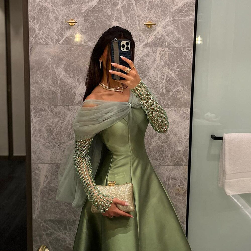 Arabisch Gold Satin A-linie Perlen Kristall Luxus Dubai Abendkleider Kleider 2025 Für Frauen Hochzeit Party LA71954 