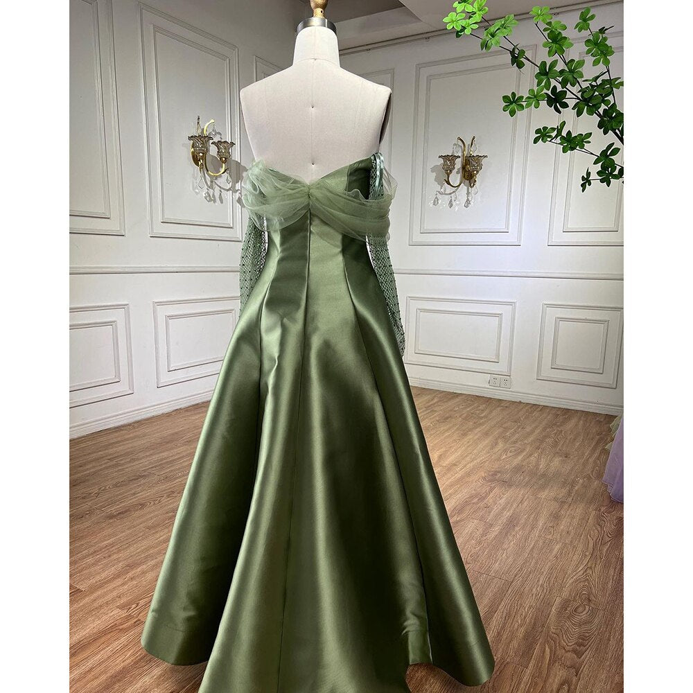 Arabic Gold Satin A-Line Beaded Crystal Luxury Dubai Evening Dresses Gowns 2025 For Women Wedding Party LA71954