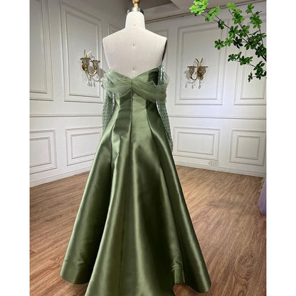 Vestidos de noche de lujo de Dubái, de satén dorado árabe, corte A, con cuentas y cristales, para mujer, para fiesta de bodas, LA71954 