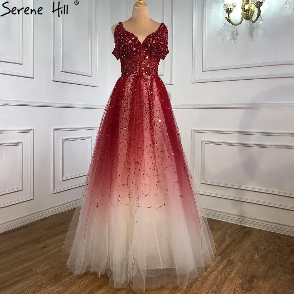 Arabisch Allmähliche Veränderung Rot Abendkleider Kleider 2025 Perlen Luxus EINE Linie Sexy Für Frauen Hochzeit Party LA70983 