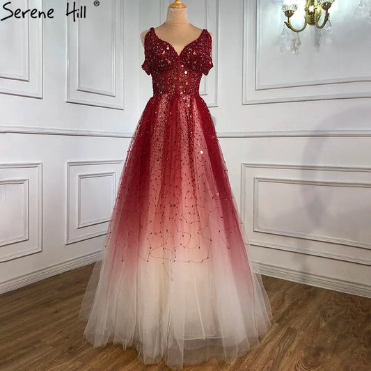Arabisch Allmähliche Veränderung Rot Abendkleider Kleider 2025 Perlen Luxus EINE Linie Sexy Für Frauen Hochzeit Party LA70983 